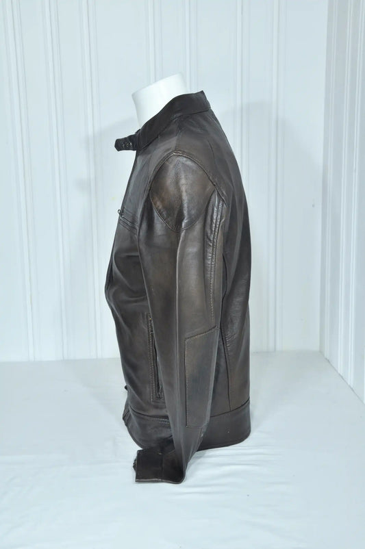 Blouson biker en cuir marron patiné – Taille M