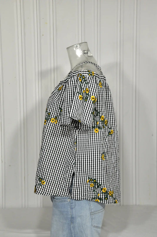 Blouse BLUE VANILLE vintage vichy brodée – Taille 44