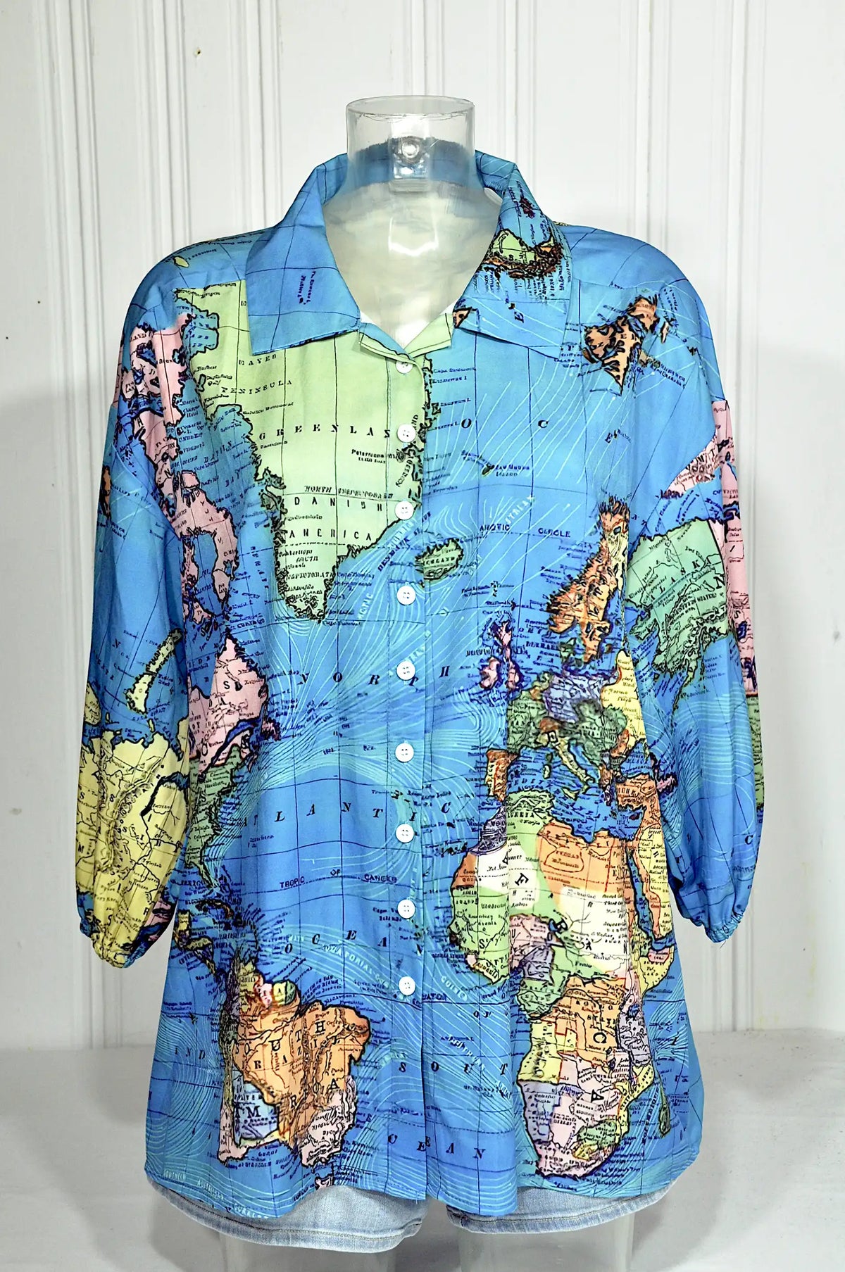 Chemisier vintage carte du monde bleu – XXL