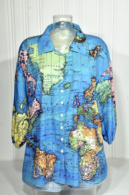 Chemisier vintage carte du monde bleu – XXL