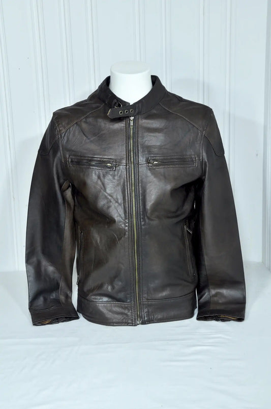 Blouson biker en cuir marron patiné – Taille M