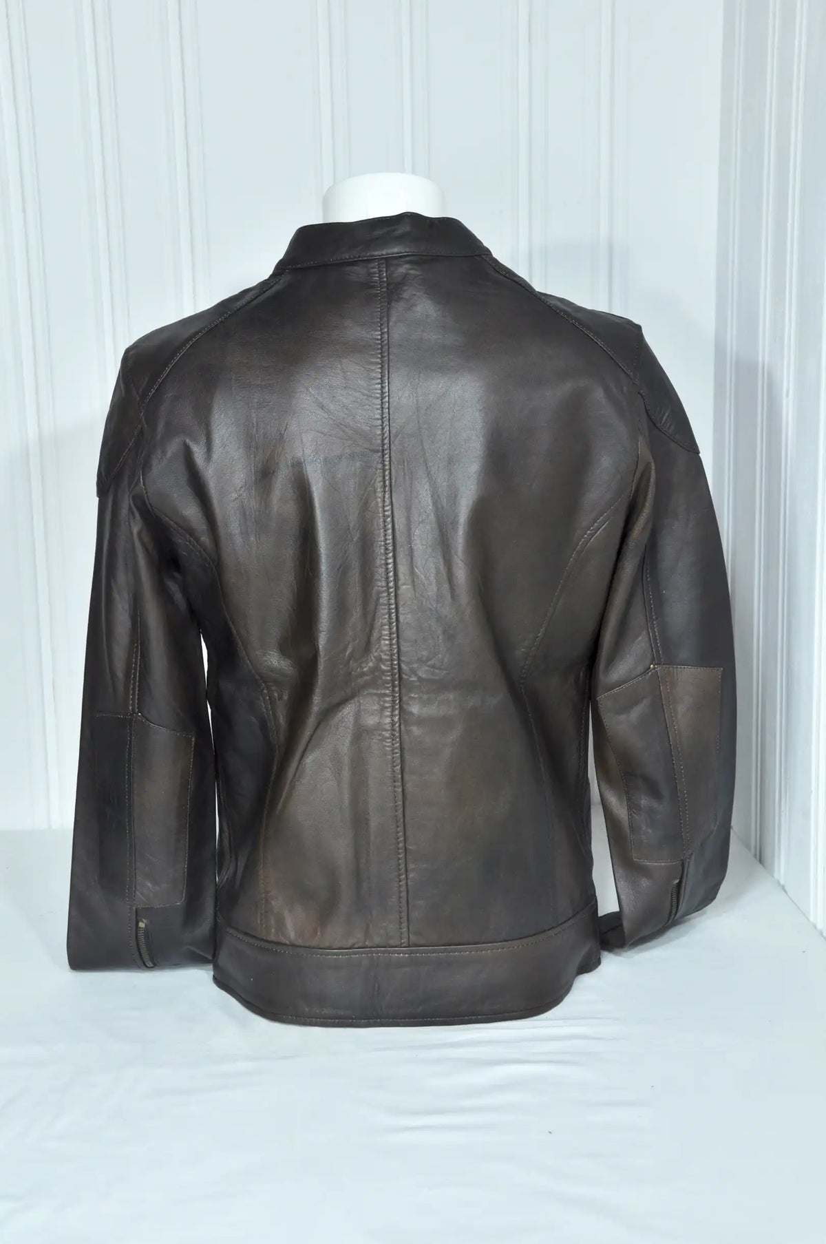 Blouson biker en cuir marron patiné – Taille M