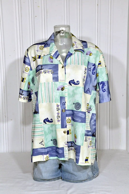 Chemise vintage imprimé marin à boutons dorés – Taille XL