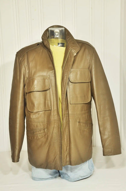 Veste saharienne vintage en cuir beige – Taille M