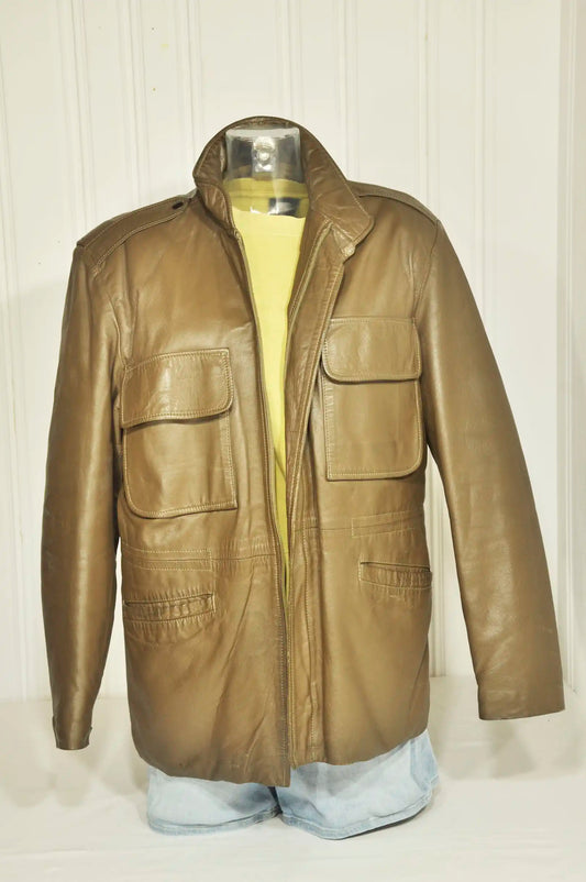 Veste saharienne vintage en cuir beige – Taille M