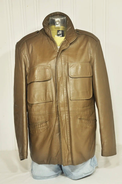 Veste saharienne vintage en cuir beige – Taille M