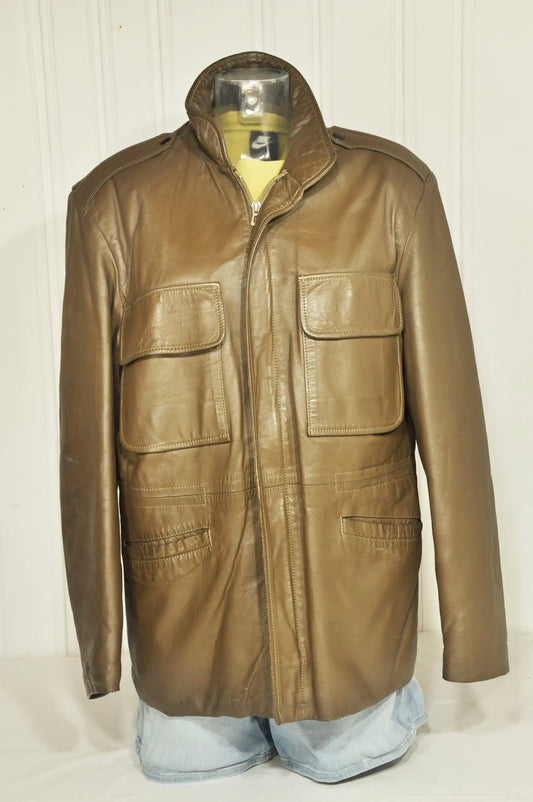 Veste saharienne vintage en cuir beige – Taille M