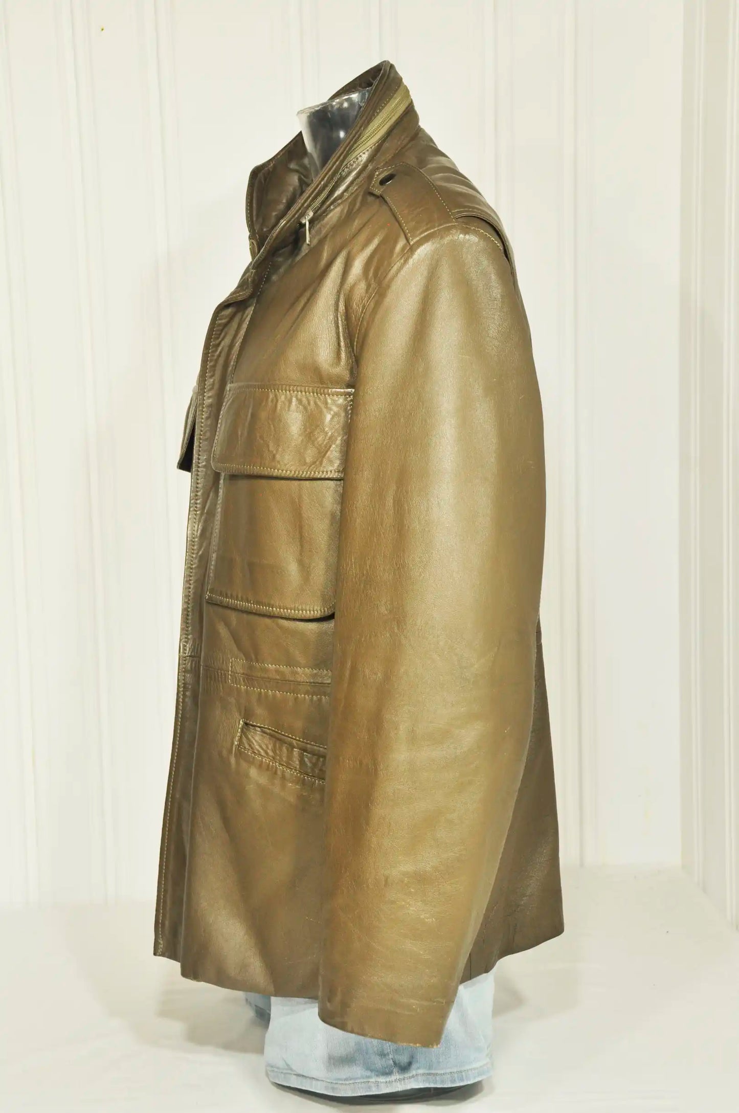 Veste saharienne vintage en cuir beige – Taille M