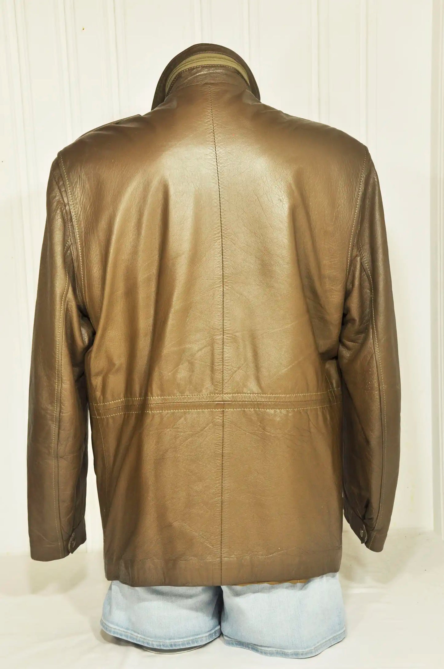 Veste saharienne vintage en cuir beige – Taille M
