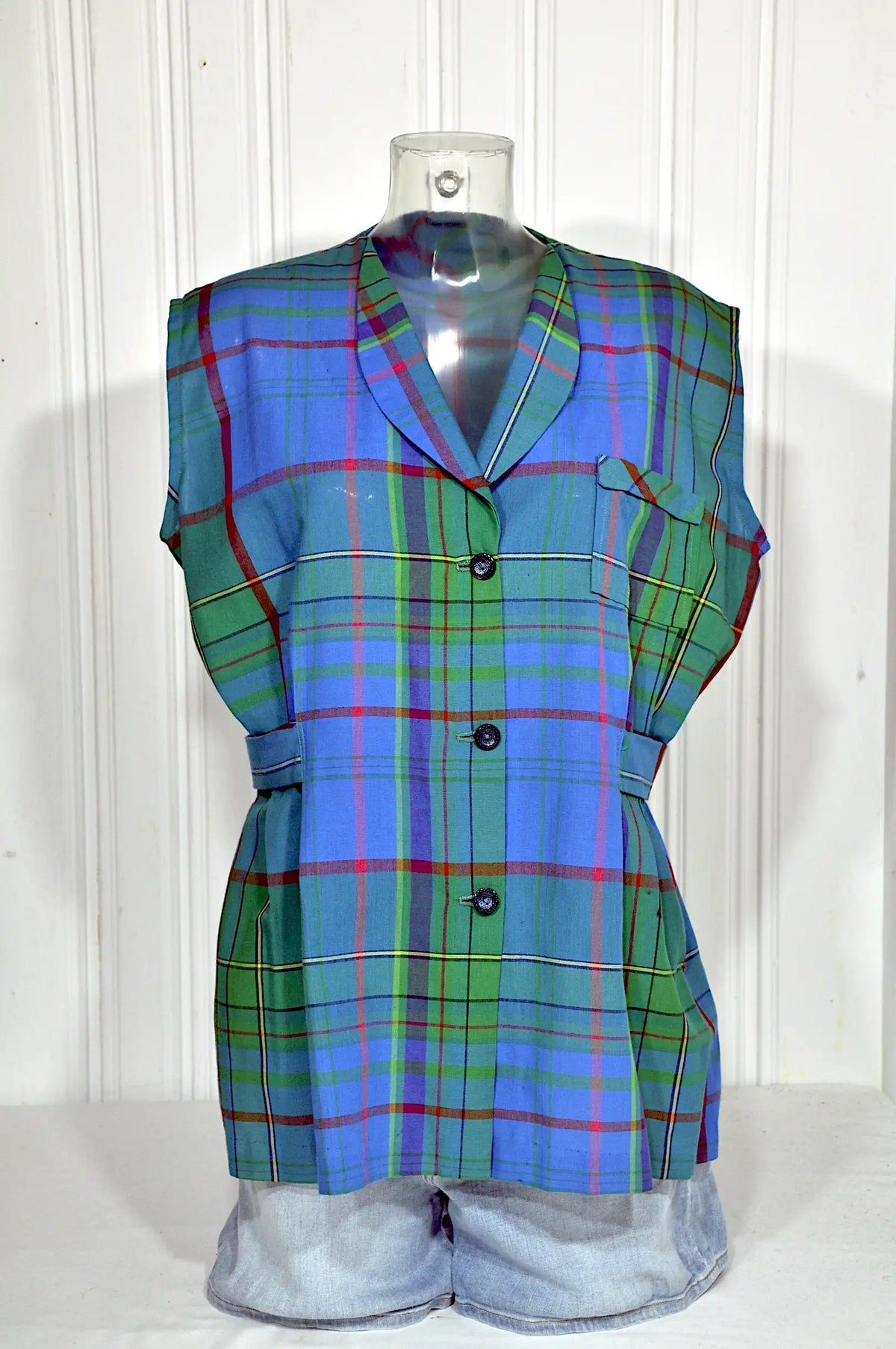 Blouse longue vintage à carreaux avec ceinture – Taille L