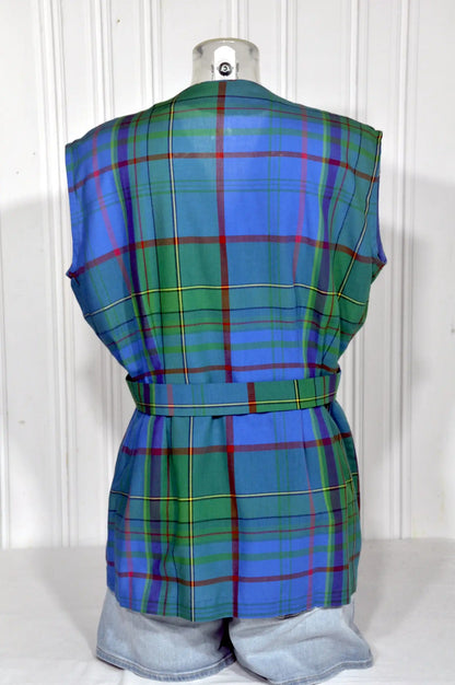 Blouse longue vintage à carreaux avec ceinture – Taille L