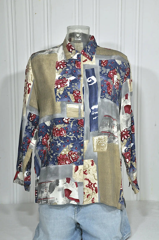 Chemisier vintage imprimé patchwork – Taille 42