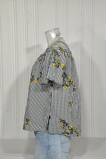 Blouse BLUE VANILLE vintage vichy brodée – Taille 44