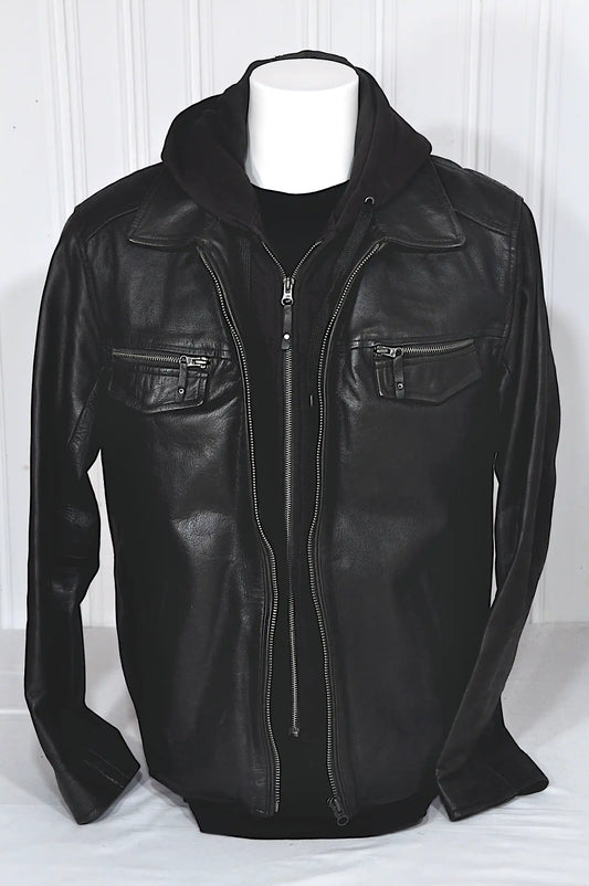 Blouson en cuir marron Celio à capuche – Taille XL