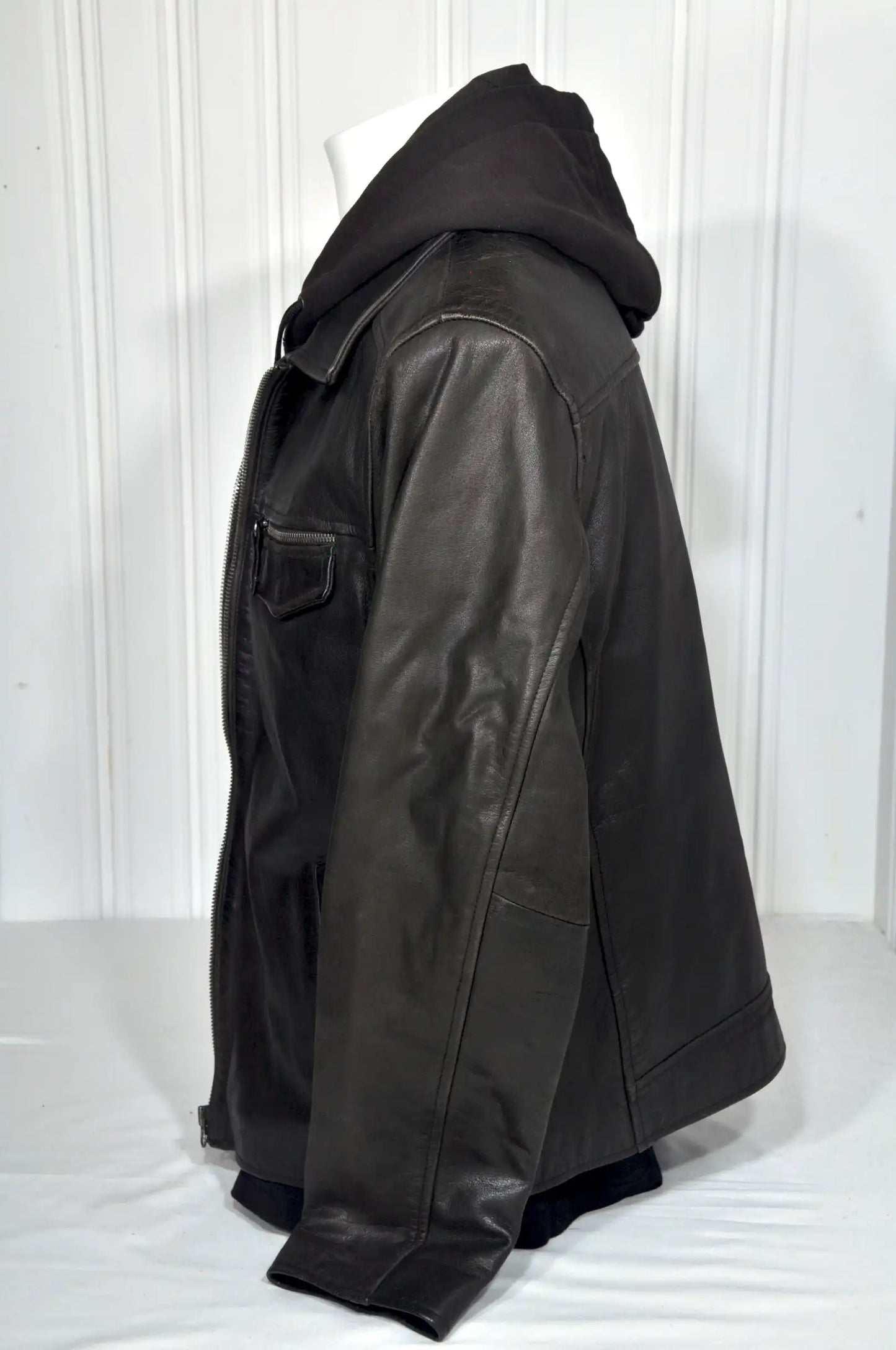 Blouson en cuir marron Celio à capuche – Taille XL
