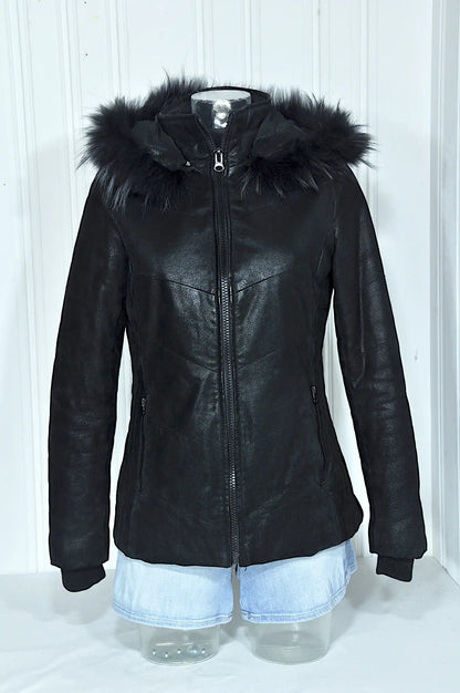 Veste en cuir noir Verazzano à capuche – Taille M