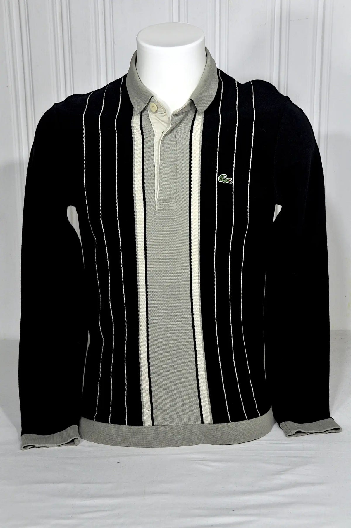 Polo Lacoste Vintage Manches Longues Noir & Gris – Taille S