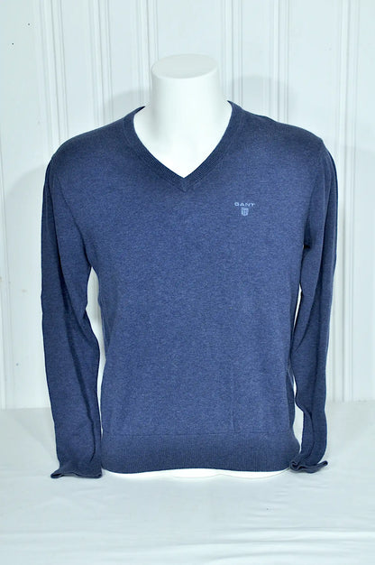 Pull GANT homme bleu chiné en coton – Col V – Taille M