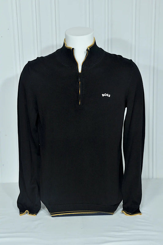 Pull BOSS homme noir à col zippé – Détails jaunes – Taille M