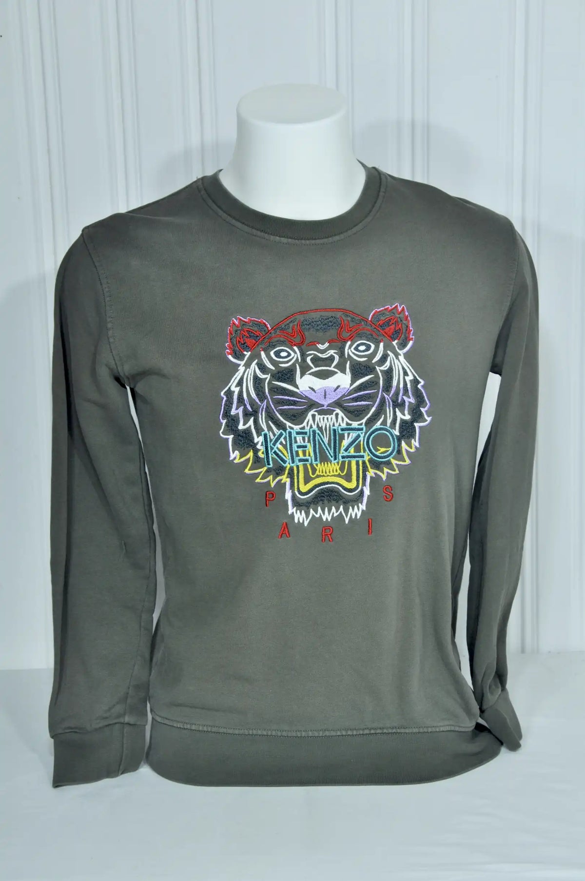 Sweat Kenzo Paris vert olive à tigre brodé – Taille S