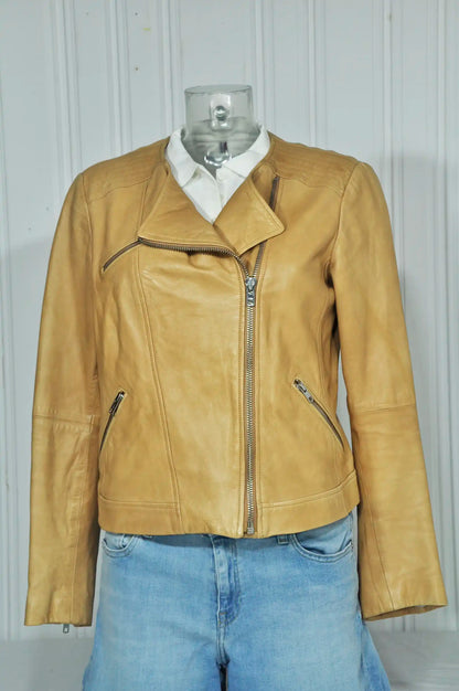 Perfecto en cuir beige L Massimo Dutti